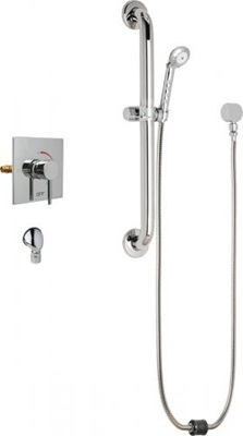 Chicago Faucets SH-TP6-00-023 Square Tub and Shower System with Pressure Balancing Valve and Auto Drain, 2.5 GPM Hand Spray with Two 34" Stainless Steel Hoses, 24" Wall Mounted ADA Grab Bar with Hand Spray Holder