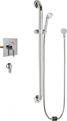 Chicago Faucets SH-TP6-00-024 Square Tub and Shower System with Pressure Balancing Valve and Auto Drain, 2.5 GPM Hand Spray with Two 34" Stainless Steel Hoses, 36" Wall Mounted ADA Grab Bar with Hand Spray Holder