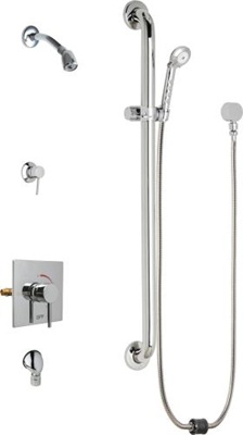 Chicago Faucets SH-TP6-32-024 Square Tub and Shower System with Auto Drain, 2.5 GPM Shower Head with Swivel Ball Joint, 2.5 GPM Hand Spray with Two 34" Stainless Steel Hoses, 36" Wall Mounted ADA Grab Bar with Hand Spray Holder