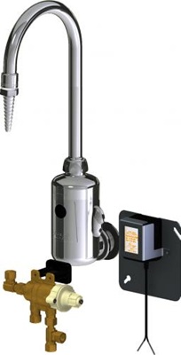 Chicago Faucets LEF-A61-21T HyTronic Touch Free Gooseneck Faucet with Laboratory Nozzle, Wall Mounted, Dual Supply, External Temperature Control, Hardwired, Bluetooth Communication, Thermostatic Mixing Valve