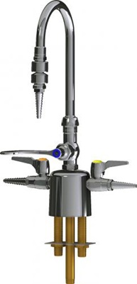 Chicago Faucets LCF1-AB-A2A3 Combination Triple Service Fixture, 5-1/4" Gooseneck Spout, 4" Wristblade Handle, Inline Atmospheric Vacuum Breaker, Laboratory Index Buttons, AIR and VAC (Vacuum)