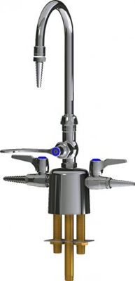 Chicago Faucets LCF1-CC-A2A1 Combination Triple Service Fixture, 5-1/4" Gooseneck Spout, Laboratory Serrated Nozzle, 4" Wristblade Handle, 2-Pack Laboratory Index Buttons, AIR, GAS
