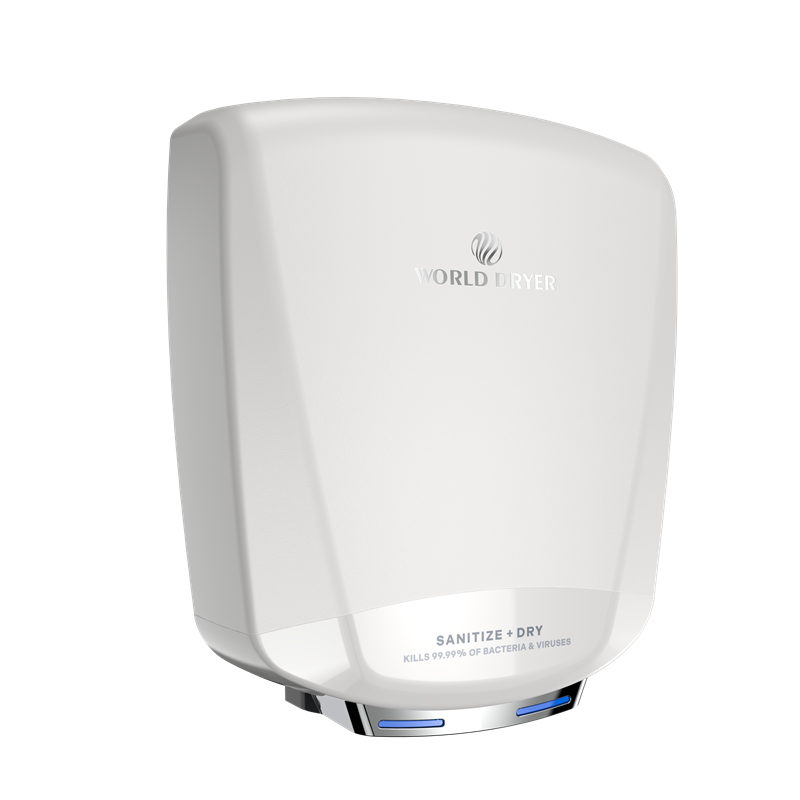 World Dryer S-774A SANITIZE + DRY Hand Dryer, Sanitizing, High-Speed, ADA Compliant, Surface Mounted, 120-277 Global Universal Voltage, Two-Tone White Aluminum Cover