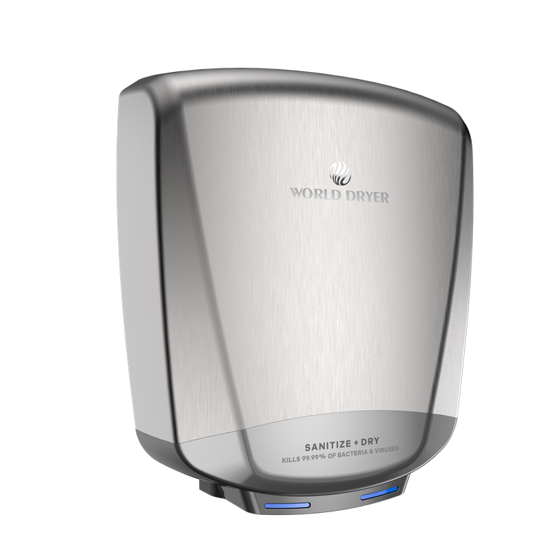 World Dryer S-773A SANITIZE + DRY Hand Dryer, Sanitizing, High-Speed, ADA Compliant, Surface Mounted, 120-277 Global Universal Voltage, Two-Tone Brushed Stainless Steel Cover