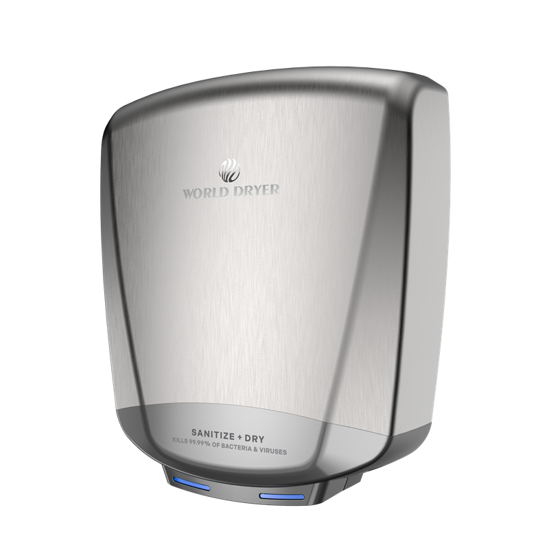 World Dryer S-773A SANITIZE + DRY Hand Dryer, Sanitizing, High-Speed, ADA Compliant, Surface Mounted, 120-277 Global Universal Voltage, Two-Tone Brushed Stainless Steel Cover