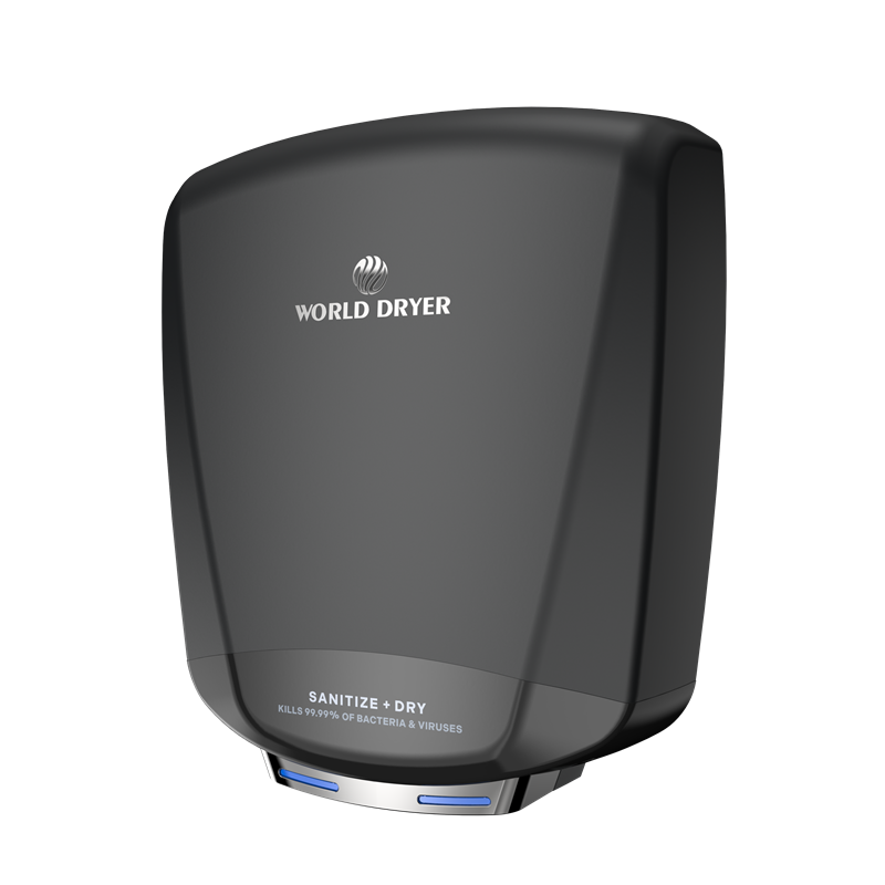 World Dryer S-762A SANITIZE + DRY Hand Dryer, Sanitizing, High-Speed, ADA Compliant, Surface Mounted, 120-277 Global Universal Voltage, Two-Tone Black Matte Cover