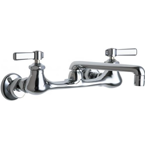 Chicago Faucets 540-LDXKCABCP Hot and Cold Water Sink Faucet, Wall Mounted, 8" Body with Adjustable Arms, 6" S-Type Spout, 2.2 GPM Softflo Aerator, Ceramic Operating Cartridge with Check Valve, Lever Handle