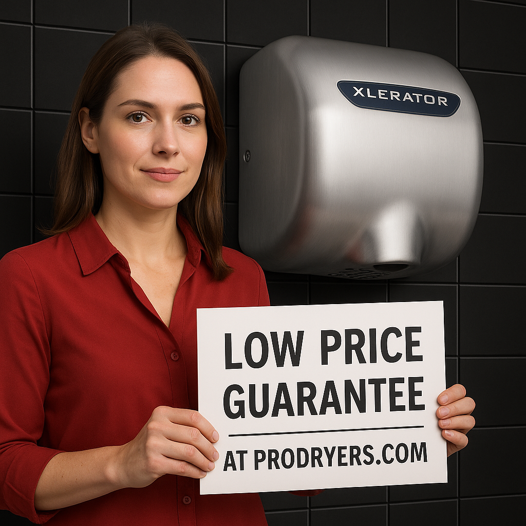 Low Price Guarantee on Hand Dryers A woman holding a sign that reads low price guarantee standing next to an XLERATOR hand dryer