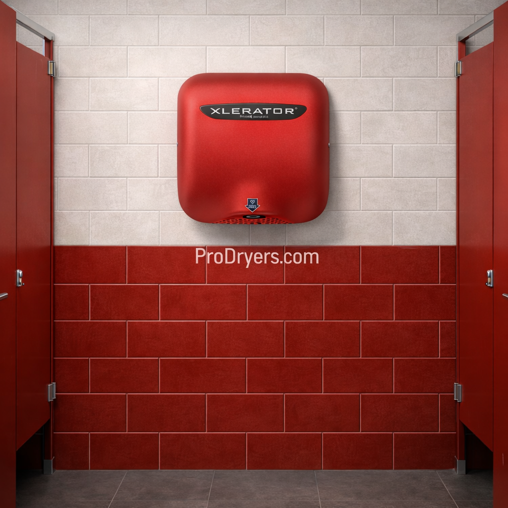 a red hand dryer in a restroom to match the red decor