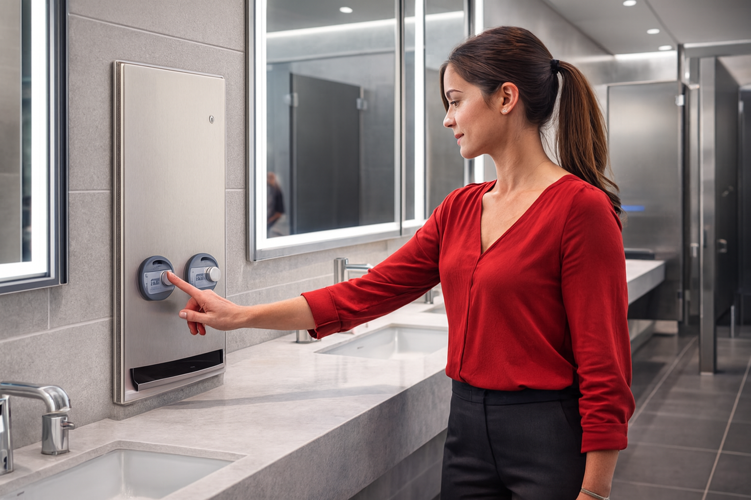 Woman Using a Tampon Vendor in an Airport Restroom