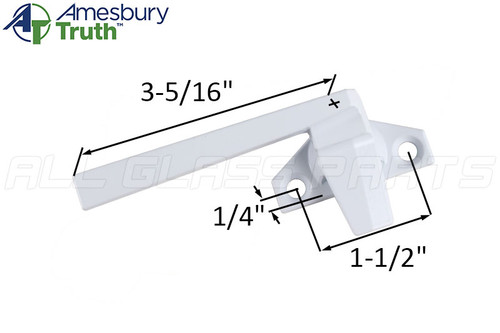 Dimensions of the Cam Handle with Offset Base, Brand Amesbury Truth Hardware Model 25.29 in Bright White color, Left hand. SKU: 6-1332LBW Dimensions of the Cam Handle with Offset Base, Brand Amesbury Truth Hardware Model 25.29 in Bright White color, Left hand. SKU: 6-1332LBW