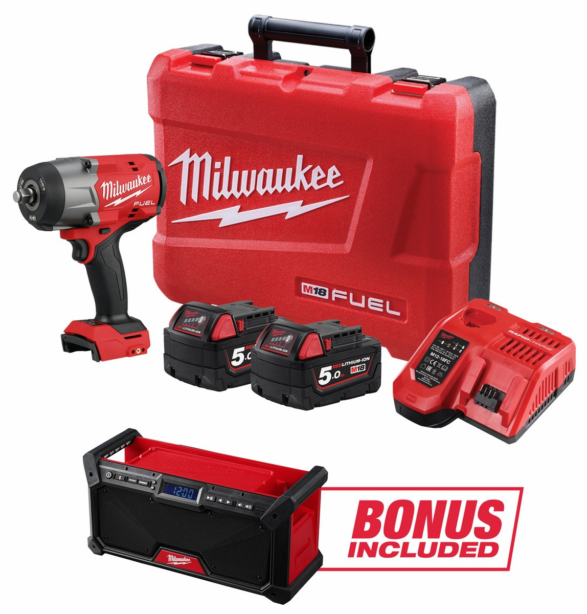 Milwaukee M18FPP2AT2BD502C 18V Piece Impact Wrench/Radio Combo