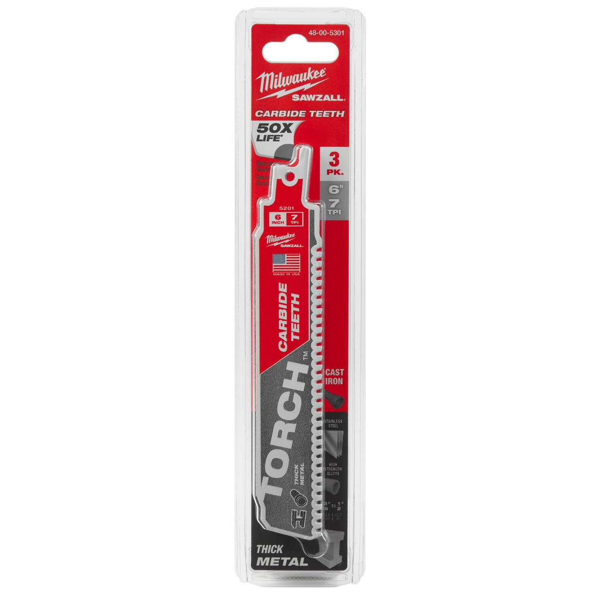 Milwaukee 48005301 - Recip Blade with Carbide Teeth - 150mm 6" 8TPI - 3 Pack - THE TORCH
