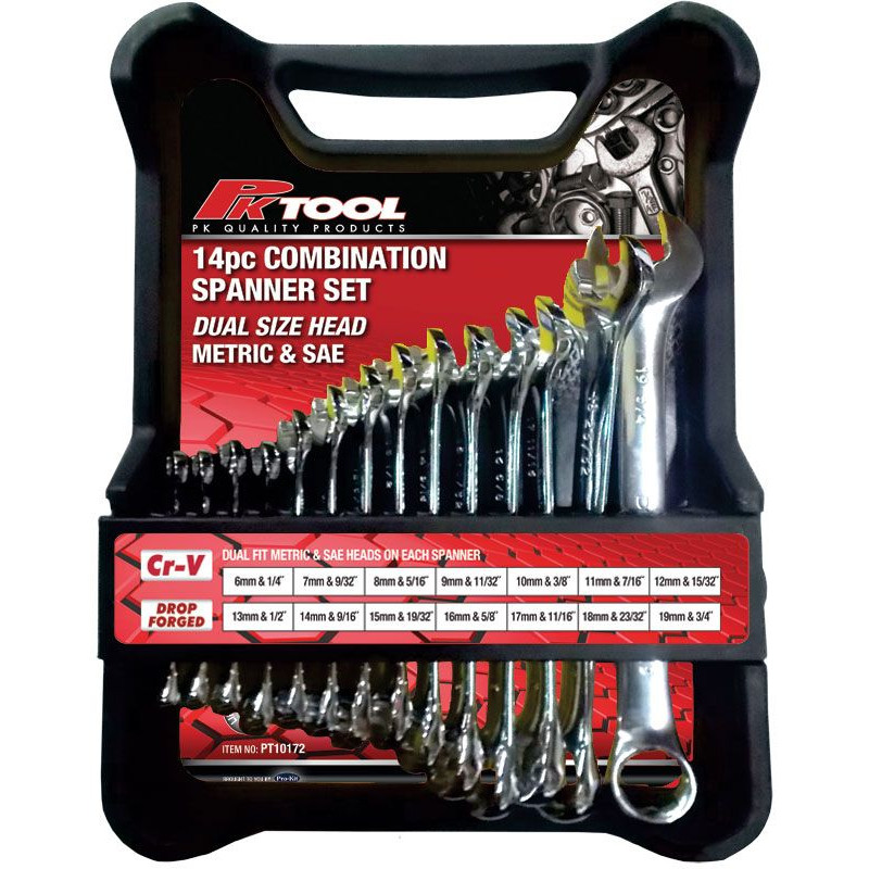 PKTool PT10172 - Metric & SAE Dual Sized Head Combination Spanner Set - 14 Piece
