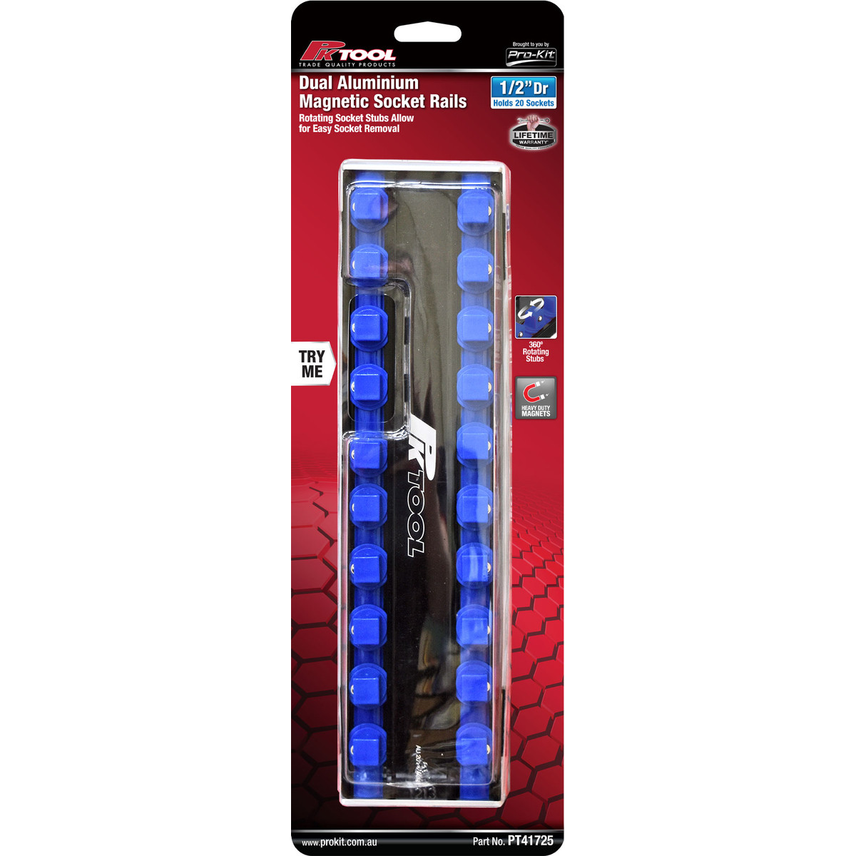 PKTool PT41725 - 1/2" Drive Magnetic Socket Rail - Dual Aluminium Rails
