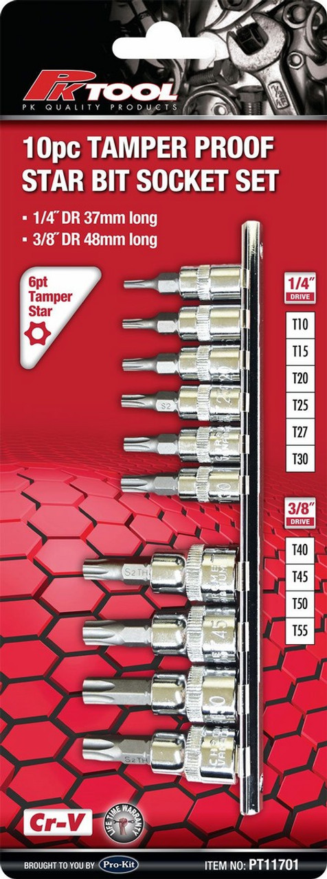 PKTool PT11701 - Socket Set Tamperproof Torx 1/4" & 3/8" Drive 10 Piece On Rail PKTool Australia