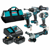 Makita DLX4186TX1 - 18V Brushless 4 Piece Drill/Driver/Angle Grinder/Impact Wrench Combo Kit (2 x 5.0Ah)
