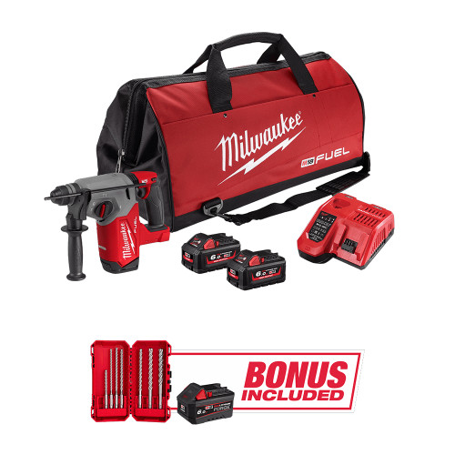 Milwaukee M18FHDB603FHB - 18V Brushless 26mm SDS Plus Rotary Hammer Kit (2 x 6.0Ah) + Bonus