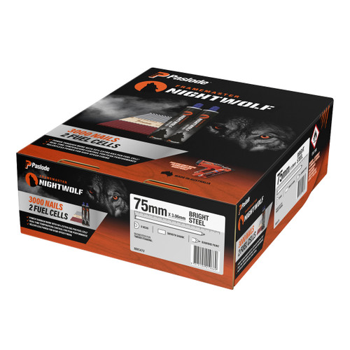Paslode Nightwolf NW547V - Nails D-Head 75 x 3.06mm Bright Smooth - 3000 Pack + 2 Fuel Cells Paslode Nightwolf NW547V - Nails D-Head 75 x 3.06mm Bright Smooth - 3000 Pack + 2 Fuel Cells