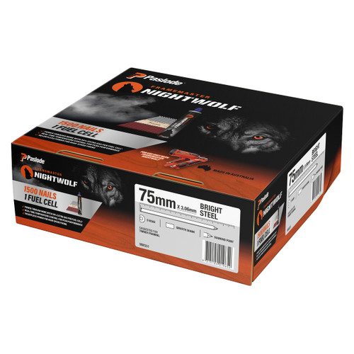 Paslode Nightwolf NW551 - Nails D-Head 75 x 3.06mm Bright Smooth - 1500 Pack + 1 Fuel Cell Paslode Nightwolf NW551 - Nails D-Head 75 x 3.06mm Bright Smooth - 1500 Pack + 1 Fuel Cell