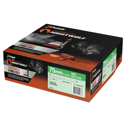 Paslode Nightwolf NW554 - Nails D-Head 75 X 3.06mm HDG Gal Plus Smooth - 1500 Pack + 1 Fuel Cell Paslode Nightwolf NW554 - Nails D-Head 75 X 3.06mm HDG Gal Plus Smooth - 1500 Pack + 1 Fuel Cell
