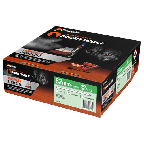 Paslode Nightwolf NW555 - Nails D-Head 82 X 3.15mm HDG Gal Plus Smooth - 1500 Pack + 1 Fuel Cell Paslode Nightwolf NW555 - Nails D-Head 82 X 3.15mm HDG Gal Plus Smooth - 1500 Pack + 1 Fuel Cell