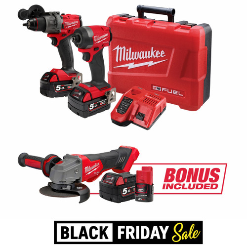 Milwaukee M18FPP2A3BF502C - 18V Brushless 2 Piece Drill/Driver Combo Kit (2 x 5.0Ah) + Bonus 125mm Angle Grinder & 5.0Ah Battery & 2.0Ah Battery