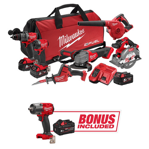 Milwaukee M18FPP6A4B503B - 18V Brushless 6 Piece Power Pack (3 x 5.0Ah) + Bonus Mid-Torque Impact Wrench & 8.0Ah Battery