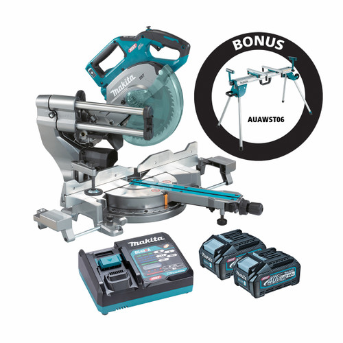 Makita LS002GM201-B - 40V Max Brushless 216mm Slide Compound Saw Kit (2 x 4.0Ah) + Bonus Stand