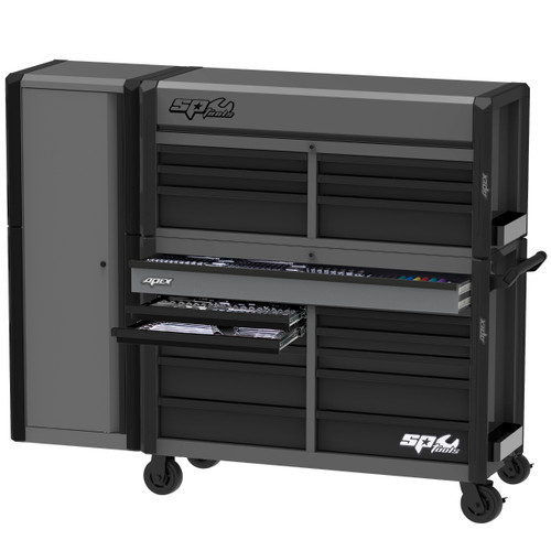 SP SP53202GY - 80" Apex Series Power Hutch Workstation Combo with Side Cabinet and Magnetic Mount Powerboard - 543 Piece - Metric & SAE - Grey/Black