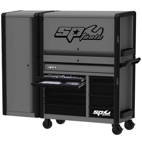 SP SP53002GY - 69" Apex Series Power Hutch Workstation Combo with Side Cabinet and Built-in Powerboard - 278 Piece - Metric & SAE - Grey/Black
