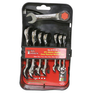 T&E S13109 - Stubby Ratchet Gear Wrench Set - 8 Piece Metric
