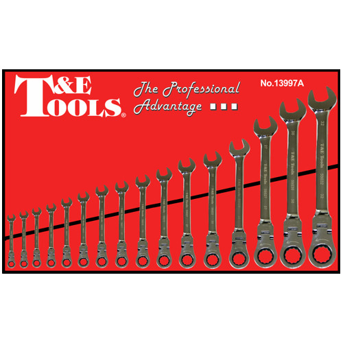 T&E 13997A - Flex-Head Gear Ratchet Wrench Set - 16 Piece Metric (10–32mm)
