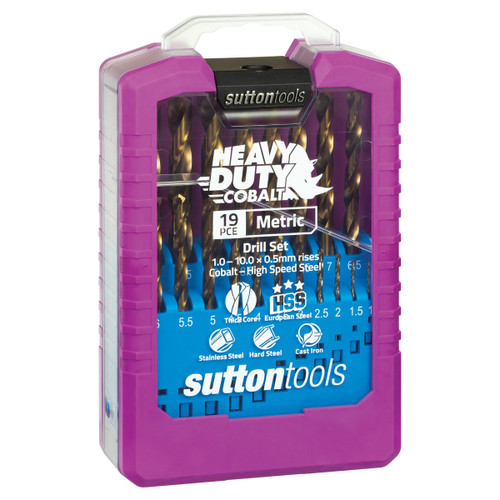 Sutton D109SM2 - Heavy Duty Cobalt Jobber Drill Bit Set (1.0–10.0mm x 0.5mm Rises) - 19 Piece