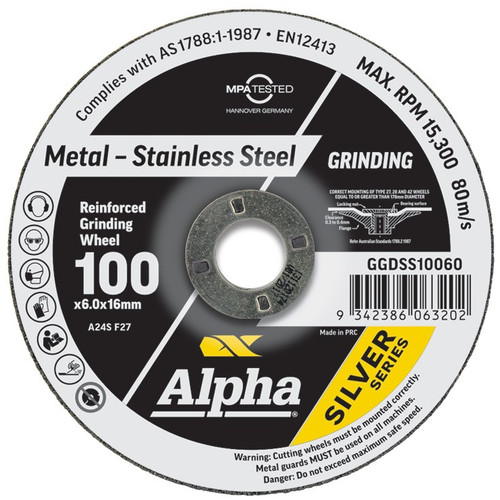 Alpha GGDSS10060 - Grinding Disc 100 x 6mm Stainless Silver Series - 10 Pack