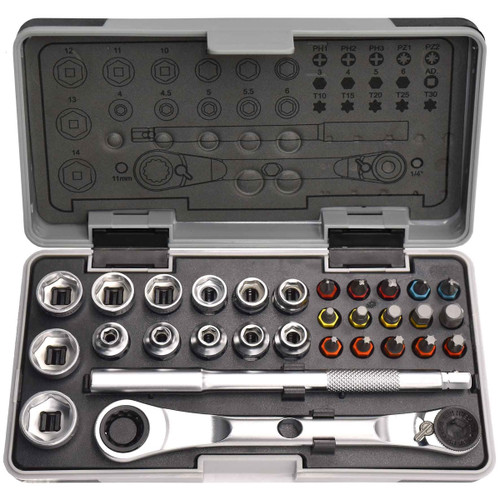 PKTool PT40156 - Low Profile Double Ended Ratchet, Socket & Bit Set - 30 Piece