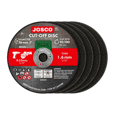 Josco JR2012 - Thin Cut-Off Discs 76mm x 1.6mm x 9.53mm - 5 Pack Australia