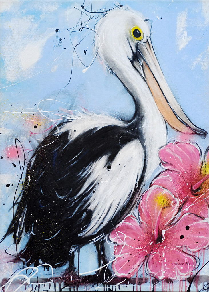Pelican with Hibiscus Print on Canvas