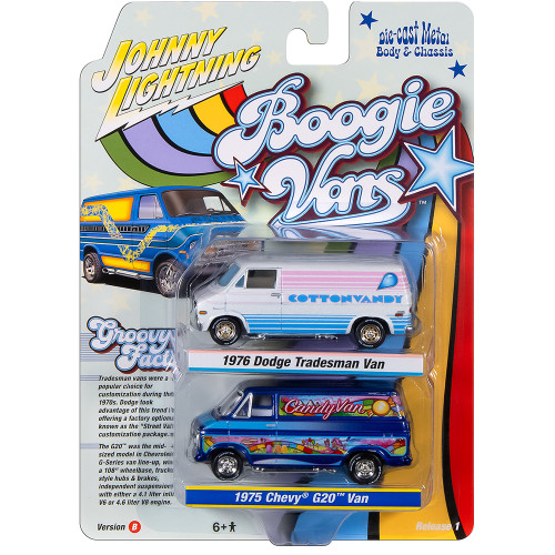1976 Dodge Tradesman Van & 1975 Chevy G20 Van Boogie Vans - White+Purple 1:64 Scale Alt Image 3