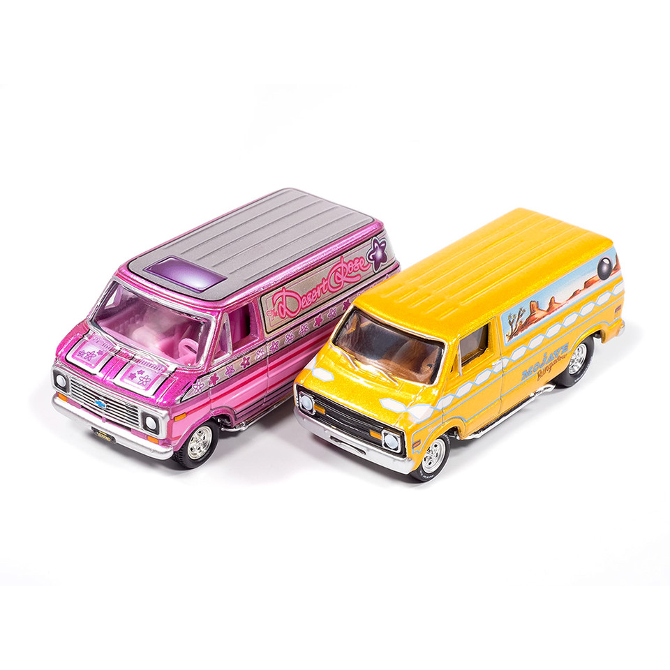 1976 Dodge Tradesman Van & 1975 Chevy G20 Van Boogie Vans - Yellow+Pink 1:64 Scale Main Image