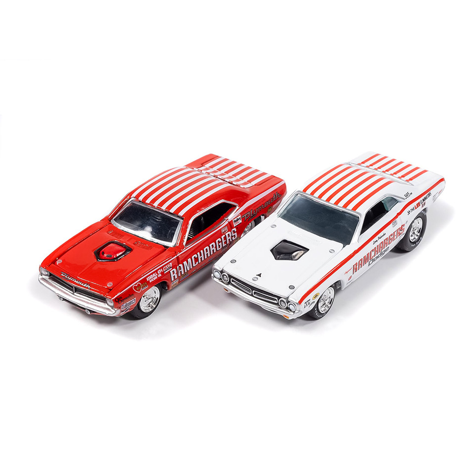 1971 Dodge Challenger Pro Stock-White & 1970 Plymouth Cuda Super Stock Ram Chargers-Red 1:64 Scale Main Image