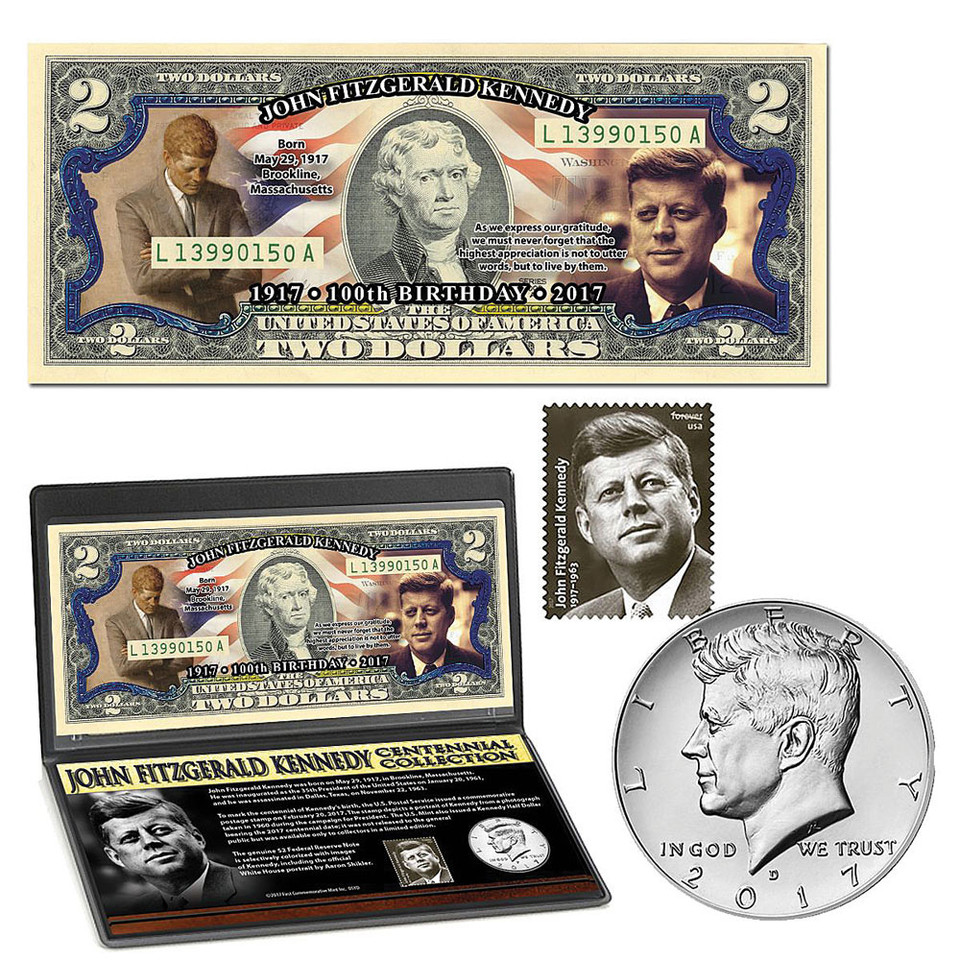 JFK Colorized $2 Note and Half Dollar Coin Main Image