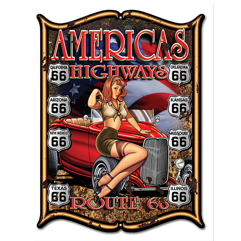 Route 66 Hot Rod Pin-Up Metal Sign Main Image