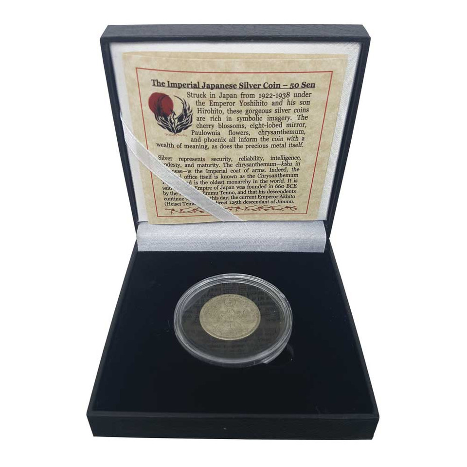 50 Sen Silver Imperial Japanese Coin with Display Box Main Image
