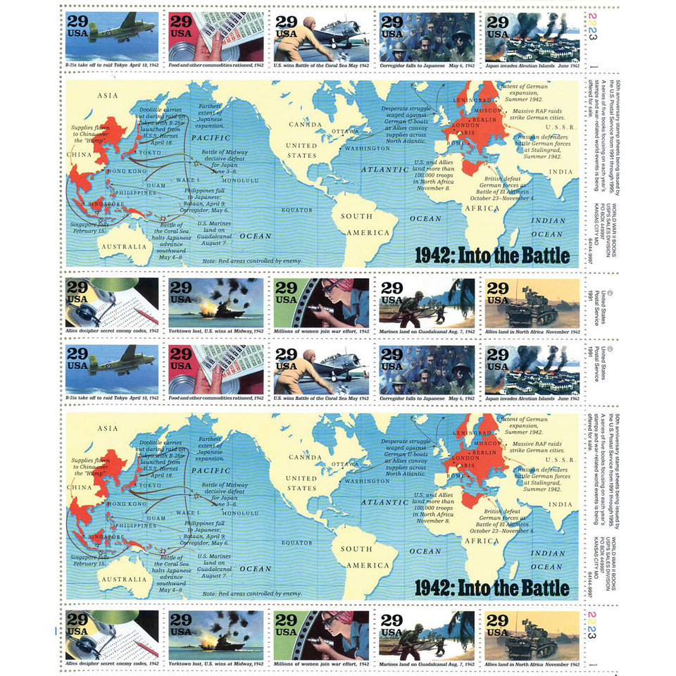 1942 World at War U.S. Stamp Sheet (1990s Release) Main Image
