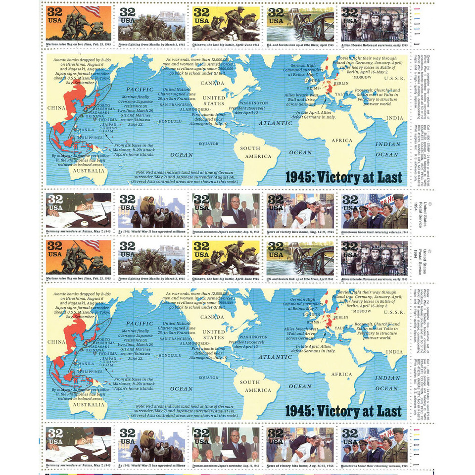 1945 World at War U.S. Stamp Sheet (1990s Release) Main Image