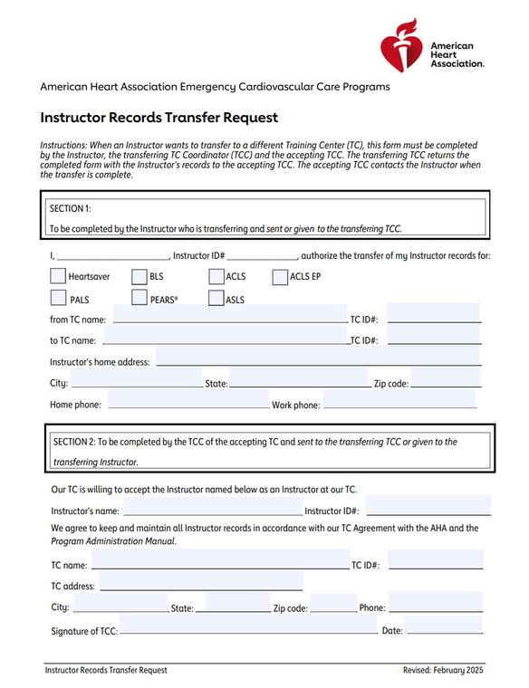 AHA Instructor Records Transfer Request Form