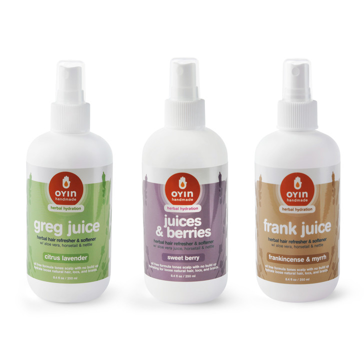 oyin juices spray bottles, shown in 3 scents