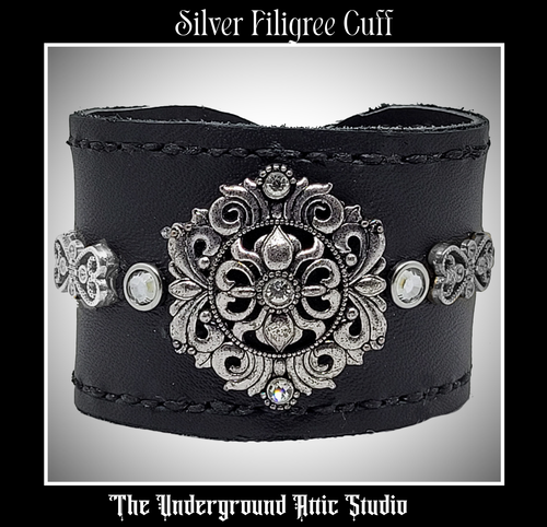 Silver Filigree Leather Cuff Bracelet