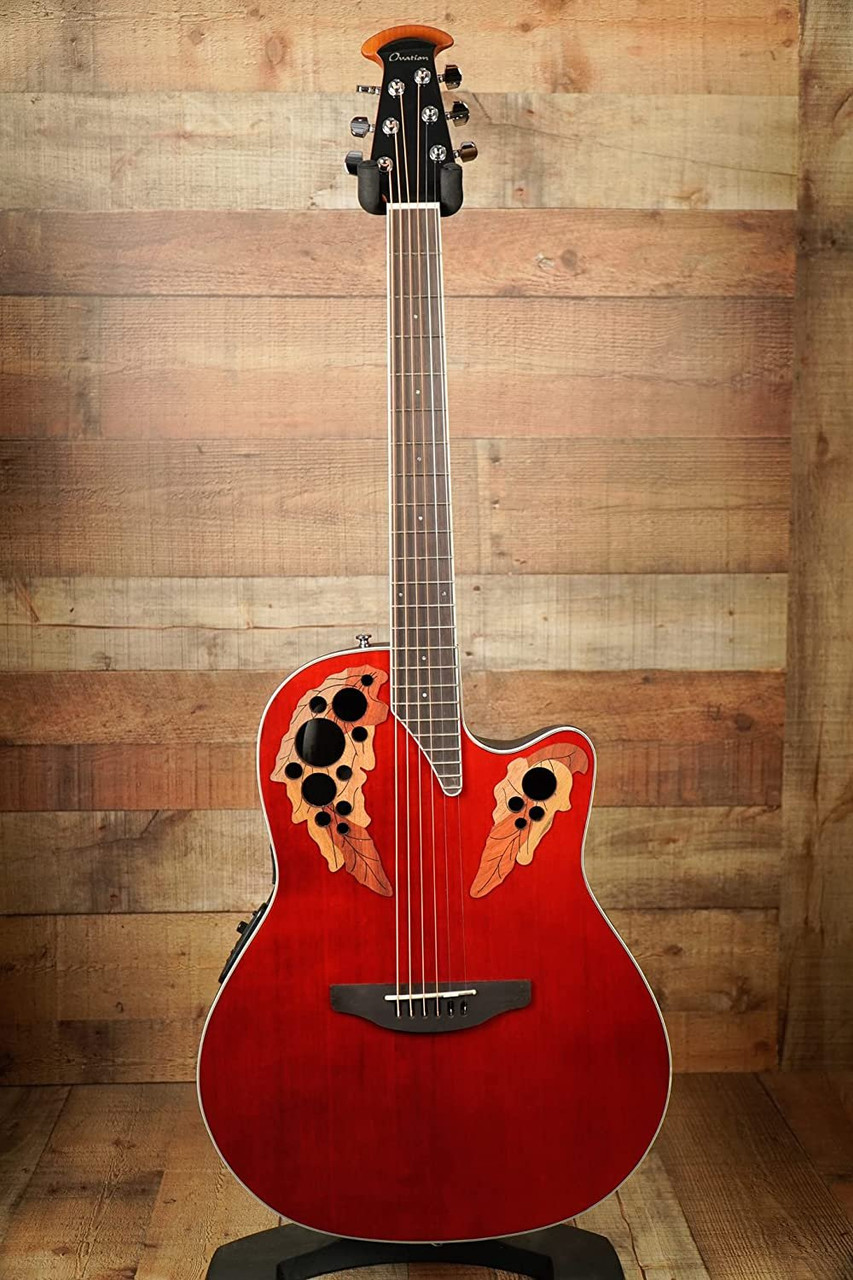 Ovation Celebrity Collection 6 String Acoustic-Electric Guitar, Right, Ruby  Red, Super Shallow Body (CE48-RR)